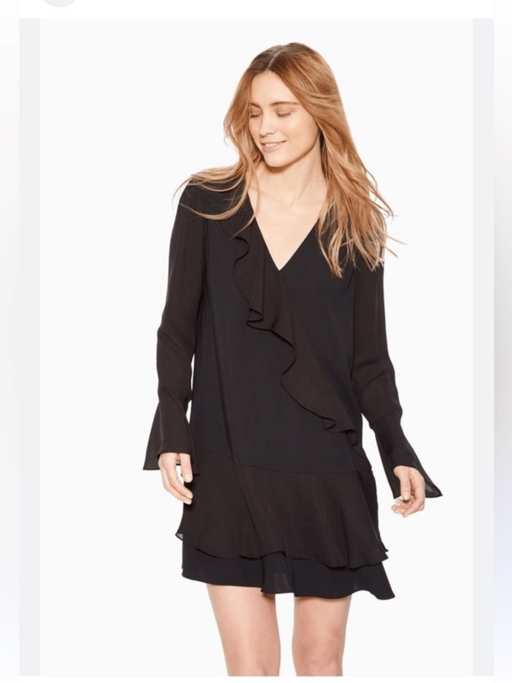 Parker Neave Flounce Trim Shift Dress in black size XS
